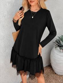 EMERY ROSE Women's Solid Color Round Neck Long Sleeve Contrast Lace Ruffle Hem Casual Short Dress - Black - View 5