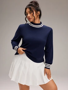 EMERY ROSE Plus Size Women's Comfortable Women's Pullover Long-Sleeved Knit Top Sweater, Navy Blue Base With Striped Turtleneck And Cuffs, Versatile Fall/Winter - Navy Blue - View 2