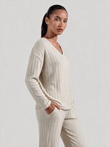 SHEIN BASICS Women's Solid Color V-Neck Long Sleeve Top And Pants Casual Daily 2 Pieces Set - Apricot - View 5