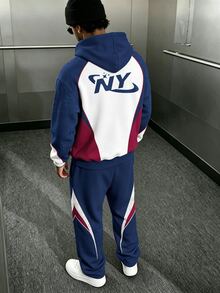 Aesthetic Post 男士字母圖案拼色連帽衛衣與運動長褲套裝 - 彩色 - 查看 2