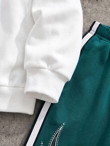 Boys' (Big) Sweatshirt Set, White Main Body With Green Flame Print On Left Side And Sleeves, Embellished With Rhinestones And Starburst Decor, English Print On Left Chest, Ribbed Collar, Cuffs And Hem, Matching Dark Green Sweatpants With Black And White Side Stripes, Same Flame Pattern On Pants, English Logo On Side, Ribbed Cuffed Hem - Multicolor - View 3