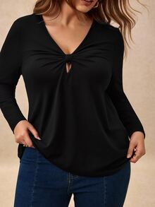 Écloséra Curve تي شيرت نسائي مقاس كبير خريف/شتاء لون موحد تصميم أزرار مجوفة بأسلوب بسيط - الأسود - مشاهدة 6