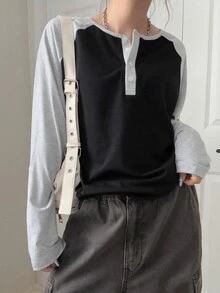 FRIFUL Women's Colorblock Round Neck Button Loose Long Sleeve T-Shirt Everyday School Black Autumn Casual - Grey - View 4