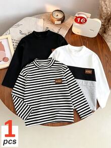 1 RANDOM PCS,Young Boys Striped High Neck Long Sleeve Top Casual Turtleneck T-Shirt,Fall And Winter - Multicolor - View 1