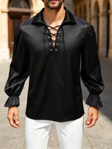 Manfinity AFTRDRK Men's Solid Color Tie Collar Design Fashion Shirt - Black - View 3
