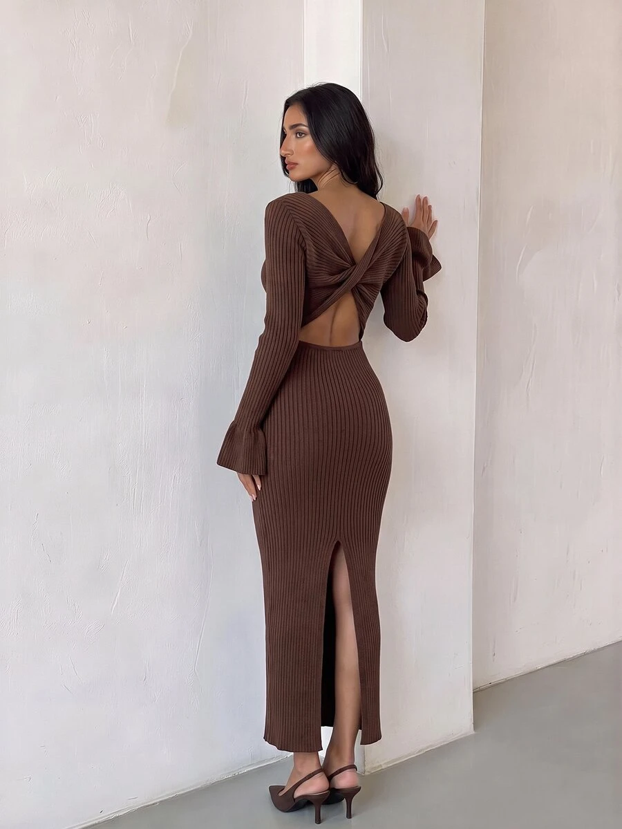 Glamine Women's Solid Color Elegant Ribbed Knit Dress With Flared Sleeves And Back Slit - Coffee Brown - View 1