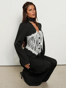 Aloruh Women's Lace Patchwork Long Sleeve Jacket And Pants Suit Set,Autumn,Winter - Black - View 5