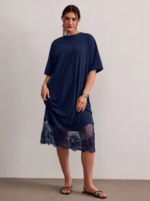 Freevana Plus Size Women Lace Patchwork Casual Party Dress - Royal Blue - View 6