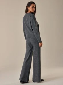 SHEIN طقم ملابس منزلية نسائي من الصوف الناعم – كارديجان بأزرار أمامية & بنطال واسع الساق - رمادي - مشاهدة 2