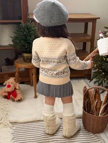 DAZY Infant/Toddler (Girl) Round Neck Floral Korean Style Autumn/Winter Casual Knit Sweater - Dusty Blue - View 2