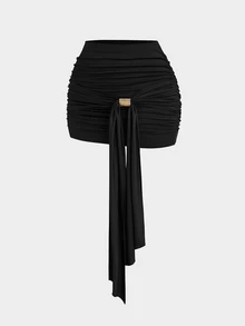 Sweetra Plus Size Bodycon Skirt With Metal Buckle Decoration - Black - View 1