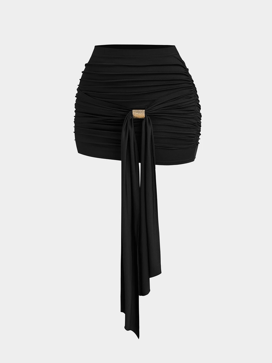 Sweetra Plus Size Bodycon Skirt With Metal Buckle Decoration - Black - View 1