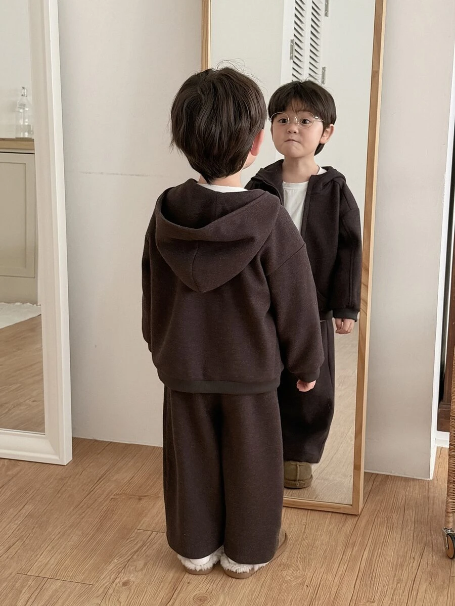 DAZY Baby Girl Solid Color Zip-Up Hoodie And Pants Casual Daily Set - Coffee Brown - View 1