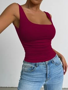 SHEIN PETITE 酒紅色基本款方領寬肩帶背心，適合日常通勤、音樂節、約會之夜、海灘度假、返校季、休閒購物、酒吧聚會、休閒運動風、居家慵懶穿搭 - 酒紅色 - 查看 3