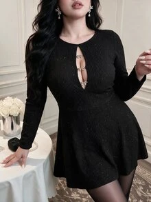 Vibekara Autumn/Winter High-End Cinched Cinched Waist Versatile French Chic Hollow-Out Shiny Thread Butterfly Decor Long Sleeve A-Line Mini Dress Plus Size - Black - View 4