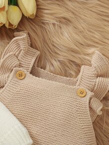 SHEIN 新生兒 3D 花朵裝飾長袖上衣與針織長褲套裝 - 駝色 - 查看 5