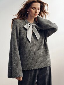 Briarwyn Women's Solid Color Knot Neck Design Long Sleeve Fashion Sweater - Grey - View 2