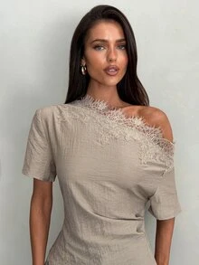 Aloruh Women's Commuter Asymmetric Shoulder Ruched Lace Patchwork Short Sleeve Blouse - Khaki - View 5