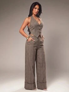 Radiana Casual Night Out Fashion Minimalist Houndstooth Commuter Set, Backless Blazer Vest Extra Long Wide Leg Pants 2-Piece Set, Old Money Style Suit, Sexy - Brown - View 4