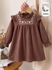 Baby Girl Ruffle Collar Floral Print Long Sleeve Casual Sweet Dress - Coffee Brown - View 4
