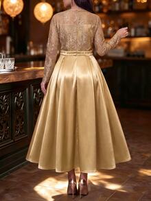 Fleurora Plus Size Women's Contrast Lace Round Neck Long Sleeve Elegant Dress - Coffee Brown - View 2