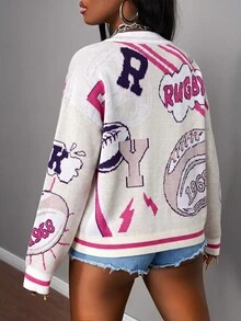 Slaydiva Women's Letter Print Casual Daily Long Sleeve Cardigan - Multicolor - View 2