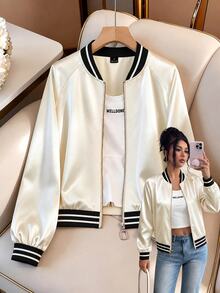 Plus Size Satin Short Baseball Jacket For Women, Contrast Striped Ribbed Collar Zipper Jacket, Casual Versatile Slimming Long Sleeve Jacket - Apricot - View 1