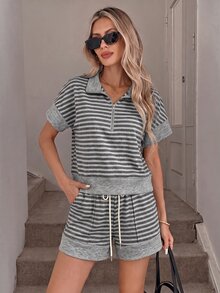 SHEIN LUNE 女款休閒夏季度假通勤日常基礎時尚外出穿搭條紋短袖上衣與短褲兩件套 - 灰色 - 查看 3