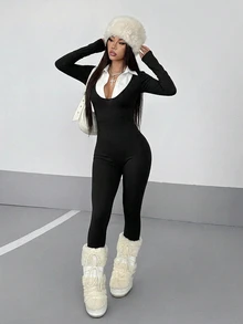 StreetHx Women's Autumn/Winter Long Sleeve Shirt Collar Jumpsuit - Black - View 1