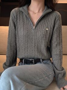 DAZY 女款麻花編織長袖半拉鍊休閒毛衣 - 灰色 - 查看 2