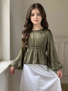 Dazy Kids Tween Girl Fashion Ruched Waist Long Sleeve Blouse - Army Green - View 8
