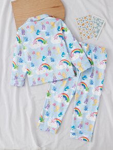 SHEIN X Care Bears GraphicGems 秋冬女童幼兒聯名印花可愛卡通彩虹愛心熊圖案藍色柔軟舒適翻領長袖褲子2件套居家服 - 藍色 - 查看 2