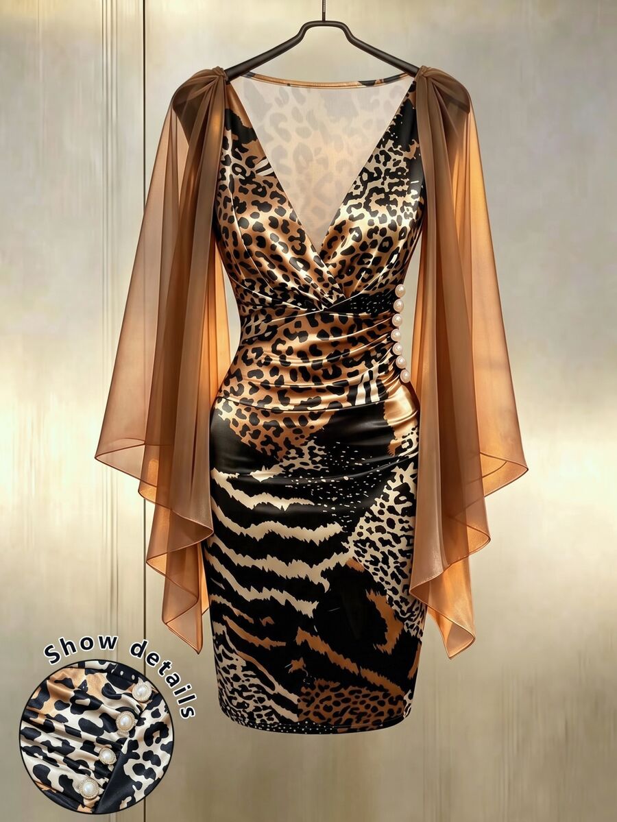 GlowEve CURVE Plus Size Animal Leopard Zebra Print Deep V-Neck Ruched Bodycon Midi Dress, Chiffon Cape Sleeve Evening Party Casual Dress Fall - Brown - View 1