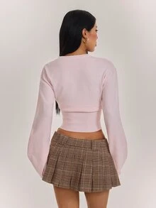 SHEIN PETITE Cardigan Wanita Elegan Warna Polos dengan Pinggang yang Diikat dan Kancing Depan, Lengan Panjang - Baby Pink - View 2