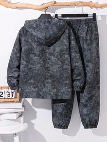 SHEIN 2件組小男孩休閒日常舒適拼接連帽半拉鍊套頭寬鬆長袖外套與寬鬆慢跑長褲，梭織兩件套，適合學校、花園、海灘、生日，春、夏、秋、冬四季穿著 - 彩色 - 查看 2