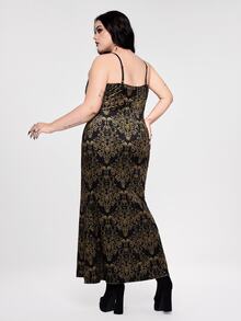 ROMWE Plus Size Women's Holiday Party Gothic Style Gold Pattern Velvet Spaghetti Strap Dress - Gold - View 2