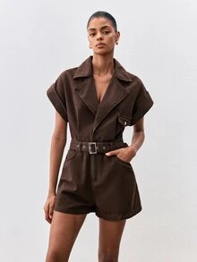 ATUI Studio Women's Bat Sleeve Lapel Neck Pocket Casual Denim Romper - Brown - View 5