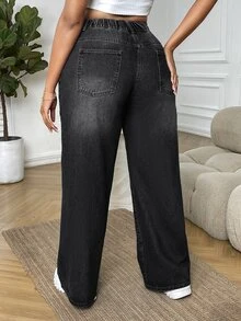 SHEIN ICON 大尺碼女款口袋寬腿鬆垮休閒百搭牛仔褲 - 黑色 - 查看 2