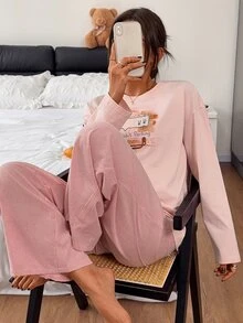 DAZY Cartoon Bunny Pattern Long-Sleeved T-Shirt And Straight-Leg Plaid Pajama Pants 2-Piece Women's Pajama Set - Pink - View 1