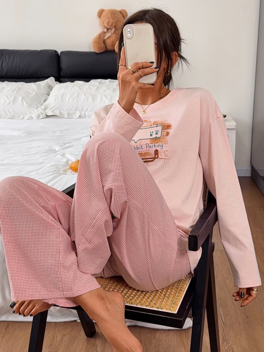 DAZY Cartoon Bunny Pattern Long-Sleeved T-Shirt And Straight-Leg Plaid Pajama Pants 2-Piece Women's Pajama Set - Pink - View 1