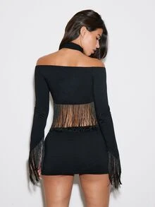 BAD SUNDAY Autumn/Winter Women's Sexy Long Sleeve Fringe Patchwork Cropped 2 Pieces Set Y2K Millennium Style Party Birthday Outfit - Black - View 2