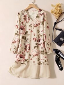 Rusticease Middle-Aged Women Floral Pattern Casual Granny Daily Going Out Vacation Fall Dress Beige - Multicolor - View 3