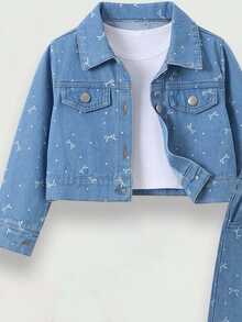 SHEIN 秋冬新款女童幼兒時尚蝴蝶結波點水洗牛仔套裝 2件組 短夾克 + 寬鬆直筒寬腿牛仔褲，適合日常穿著、假期、休閒外出與戶外活動 - 藍色 - 查看 7