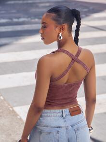 Denimoi Square Neck Cross Back Rib Knit Tank Top Fashionable Everyday Wear Basic Tank Top - Burgundy - View 5
