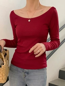 DAZY 女款大圓領修身短袖優雅T恤 灰色 春夏款 - 酒紅色 - 查看 6