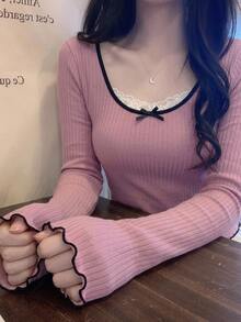 DAZY Contrast Color Lace Trim Fitted Long Sleeve Elegant Vacation Korean Style Casual Autumn/Winter Women's T-Shirt - Pink - View 1
