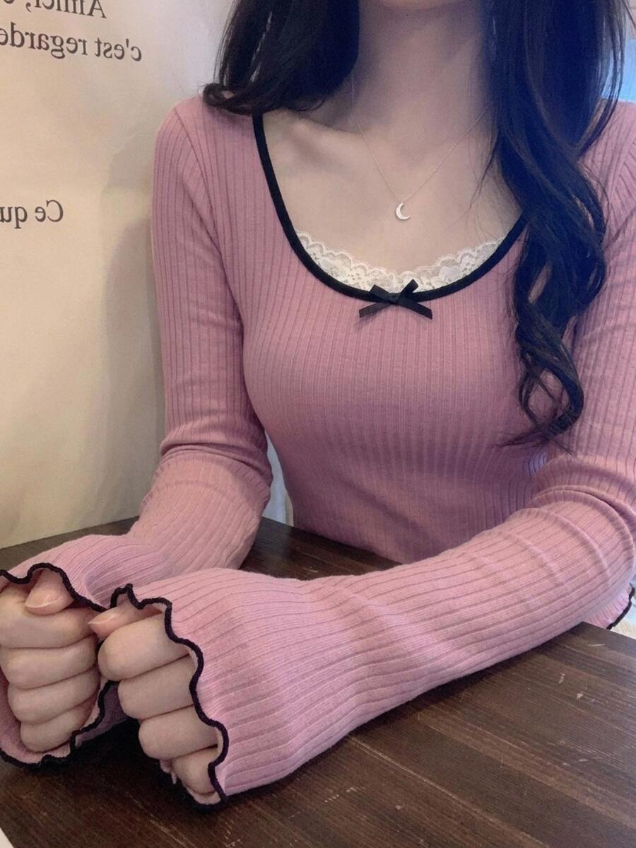 DAZY Contrast Color Lace Trim Fitted Long Sleeve Elegant Vacation Korean Style Casual Autumn/Winter Women's T-Shirt - Pink - View 1