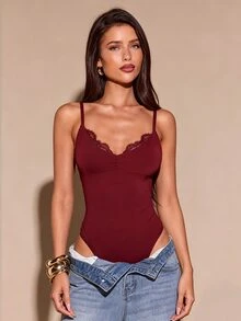 SHEIN BAE 春夏蕾絲拼接細肩帶連身內衣，性感修身內搭，辣妹風 - 酒紅色 - 查看 4