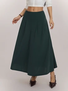 SHEIN PETITE Women's Solid Color Pleated Design Elegant Commuter Skirt - Green - View 1