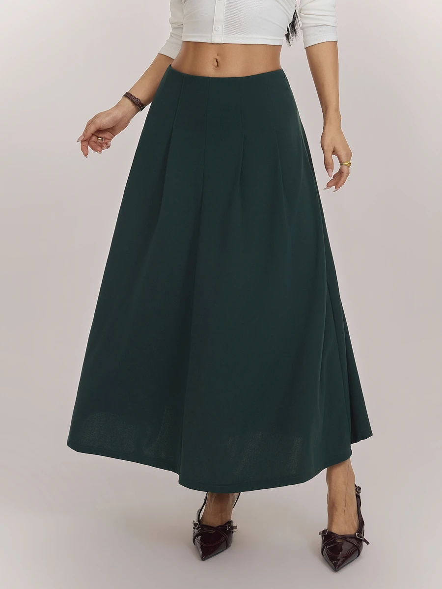 SHEIN PETITE Women's Solid Color Pleated Design Elegant Commuter Skirt - Green - View 1